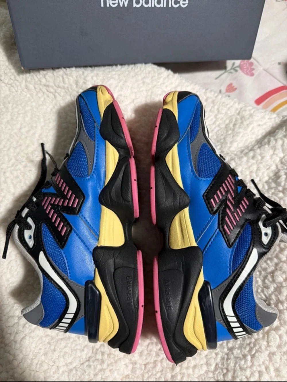 New Balance Kids Royal Blue Sneakers with Pink and Yellow Accents